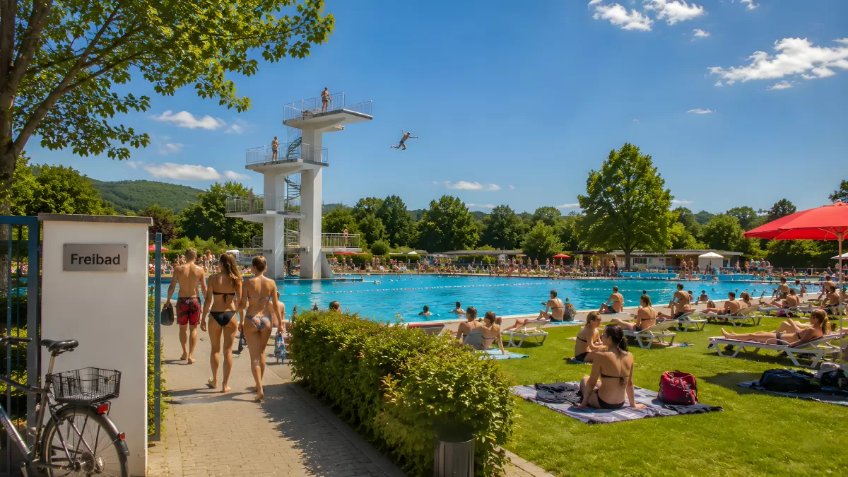 Freibad im Sommer mit Sprungturm und Badegästen