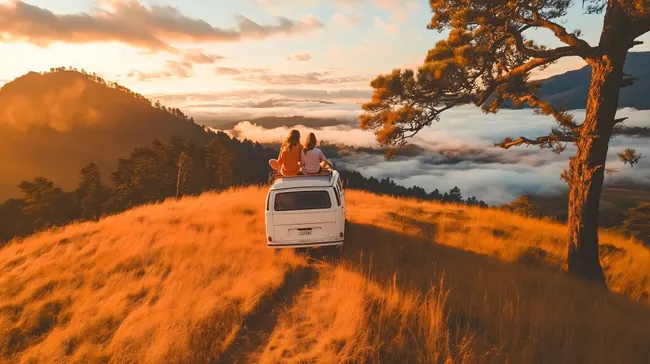 Freies Bergpanorama mit Paar im Campingwagen