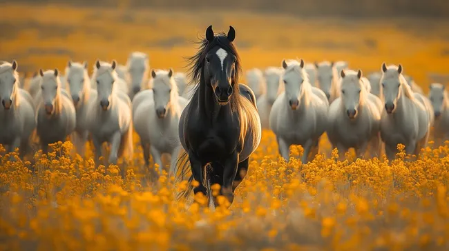 Freiheit und Kraft: Pferdeherde auf blühender Wiese