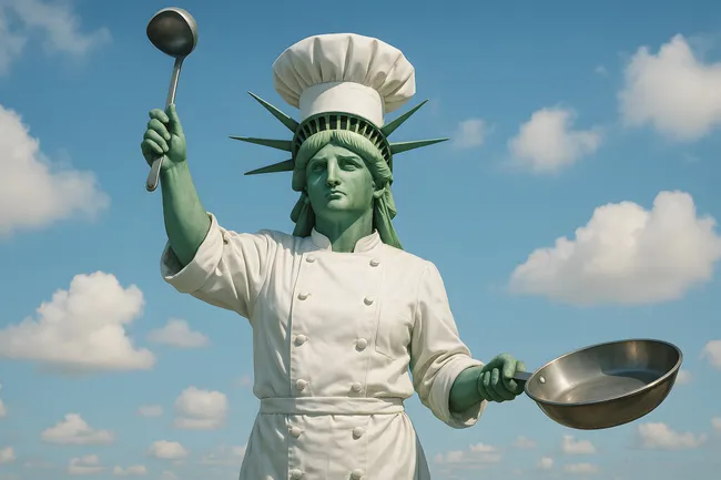 Freiheitsstatue als Köchin mit Kochmütze und Küchenutensilien