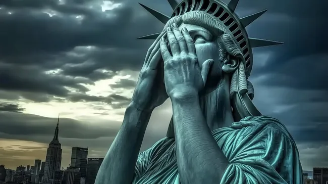 Freiheitsstatue Handflächen vor Gesicht - Düstere Zukunftsszene