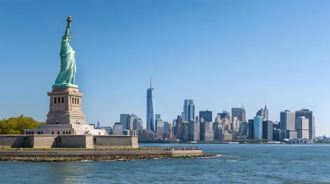 Freiheitsstatue und New Yorker Skyline bei Tageslicht