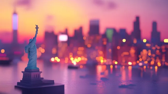 Freiheitsstatue vor glühendem New Yorker Stadtbild