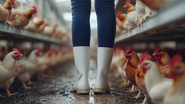 Freilaufende Hühner in Hühnerstall mit Landarbeiterin