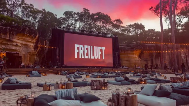 Freiluft-Kino inmitten stimmungsvoller Felslandschaft bei Sonnenuntergang