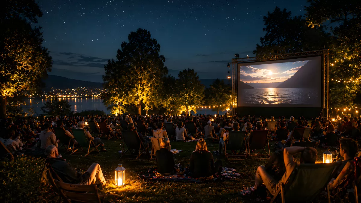 Freiluftkino bei Nacht am See mit Publikum