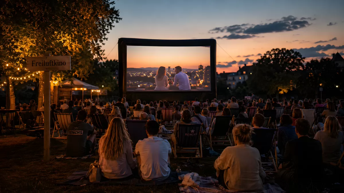 Freiluftkino bei Sonnenuntergang mit großer Leinwand
