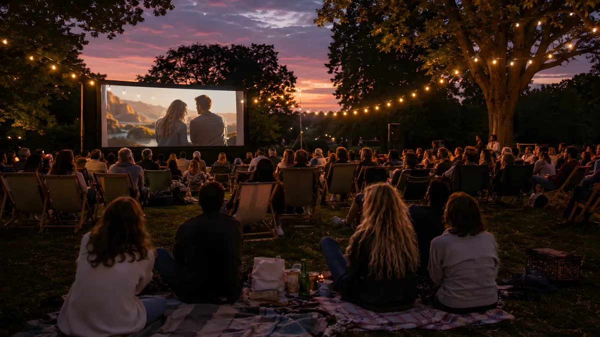 Freiluftkino im Park bei Sonnenuntergang mit Publikum — Bild kostenlos herunterladen