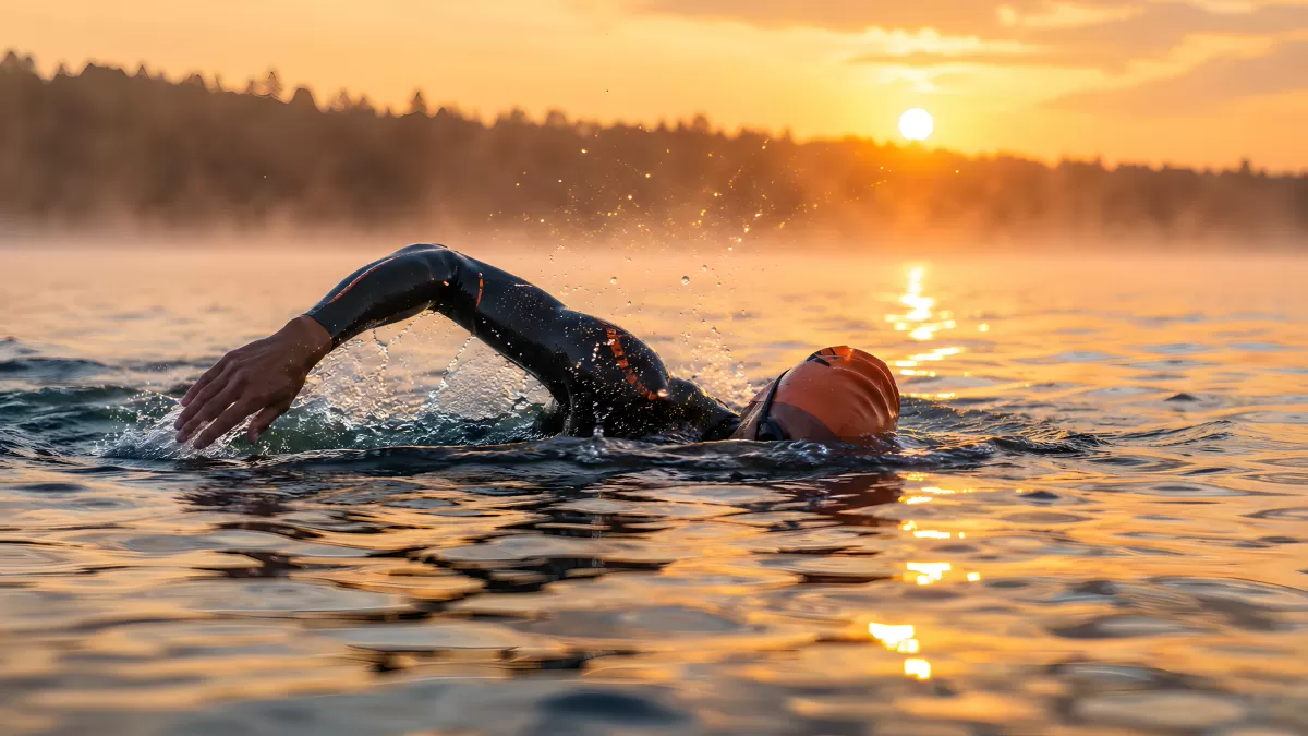 Freiwasserschwimmer im Neoprenanzug bei Sonnenaufgang