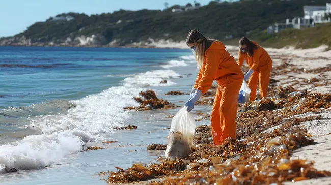 Freiwillige entfernen Plastikmüll vom Strand