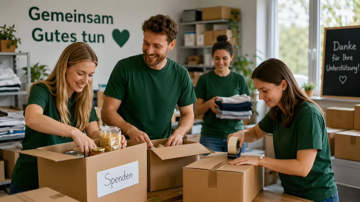 Freiwillige packen Spendenboxen in gemeinnütziger Initiative