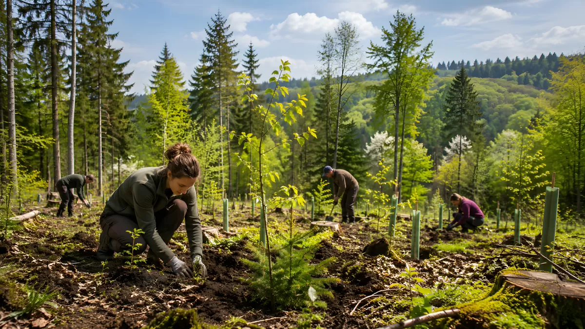 Freiwillige pflanzen Bäume bei Aufforstungsprojekt im Wald