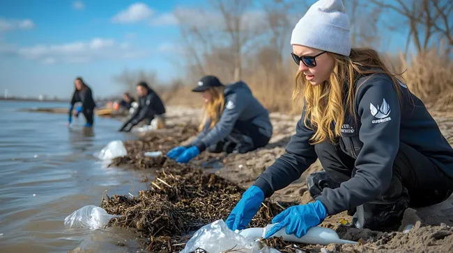 Freiwillige reinigen einen verschmutzten Strand