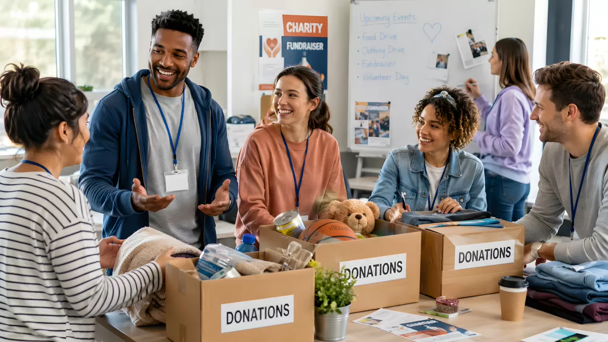 Freiwillige sortieren Spendenboxen bei Charity-Aktion
