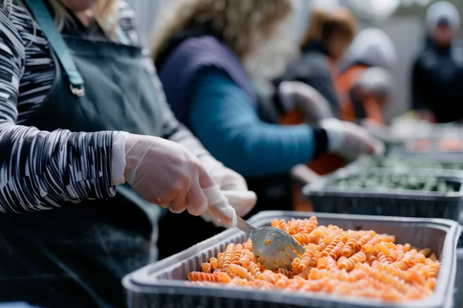 Freiwillige teilen Mahlzeiten an Bedürftige aus
