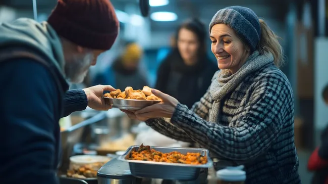 Freiwillige verteilen warmes Essen an Obdachlose in Suppenküche