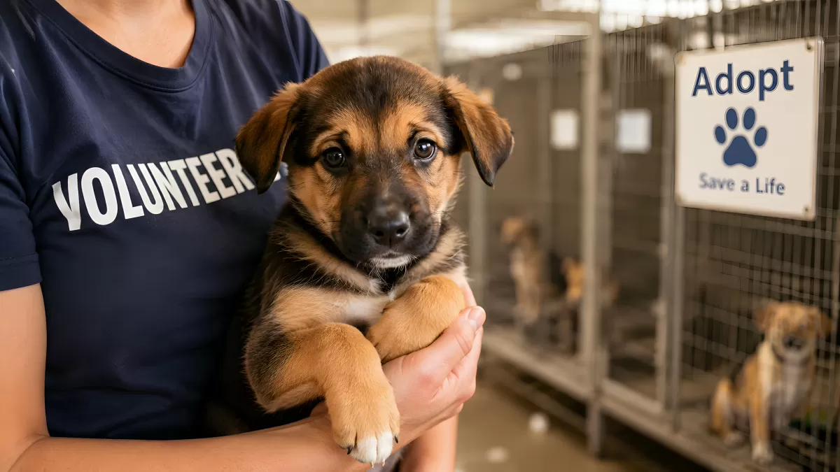 Freiwilliger hält Welpen im Tierheim zum Adoptieren