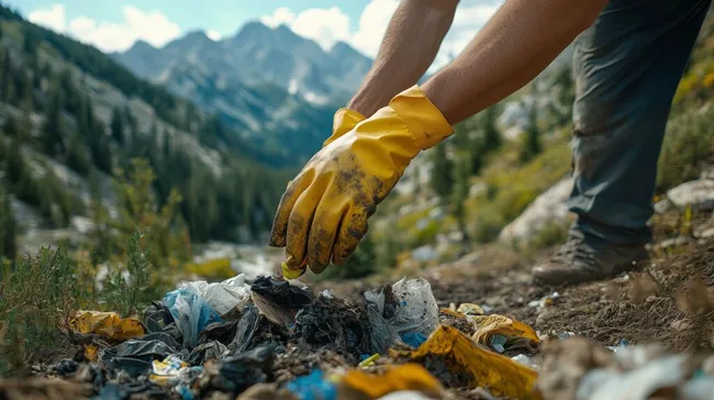 Freiwilliger sammelt Plastikabfall in den Bergen