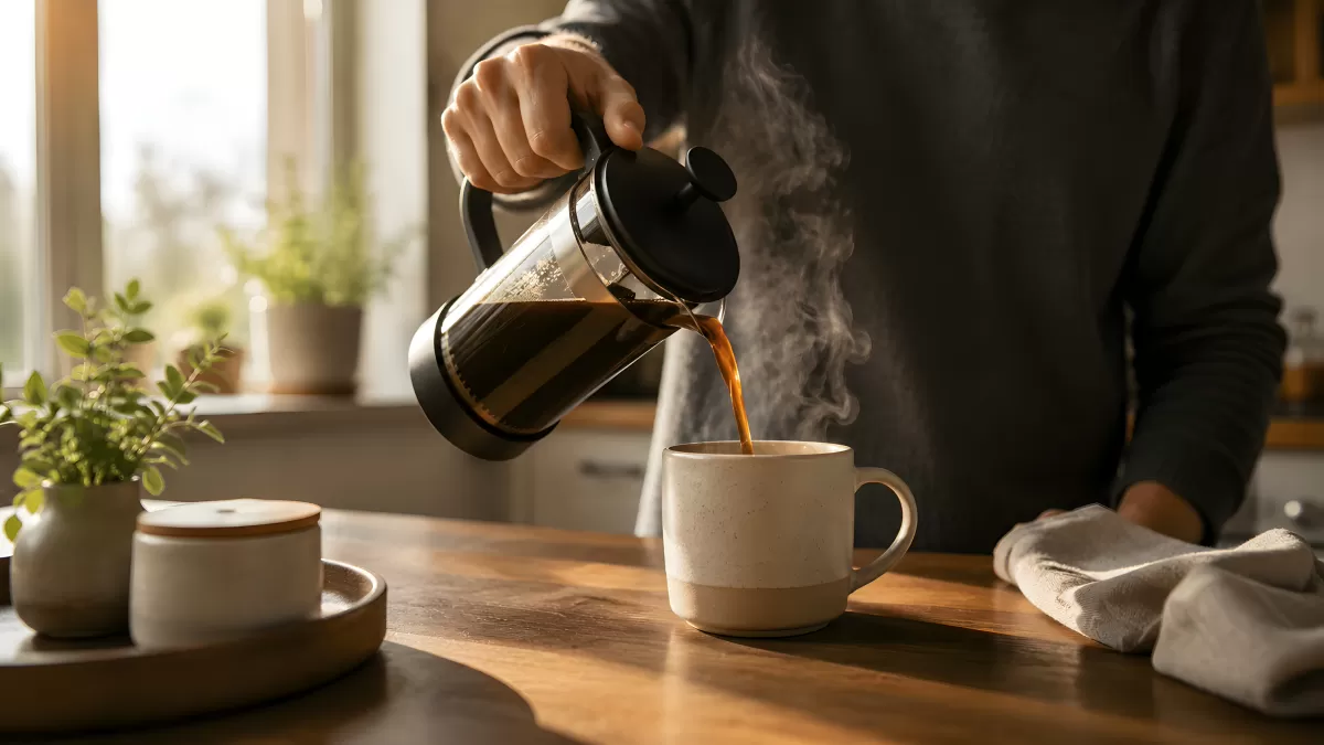French Press Kaffee einschenken in Steingutbecher