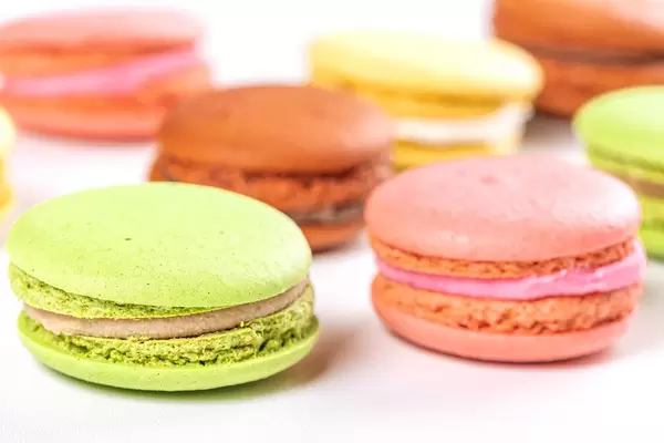 French style colorful macaroons on white