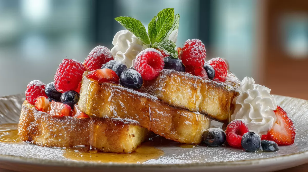 French Toast mit Beeren, Ahornsirup und Sahne
