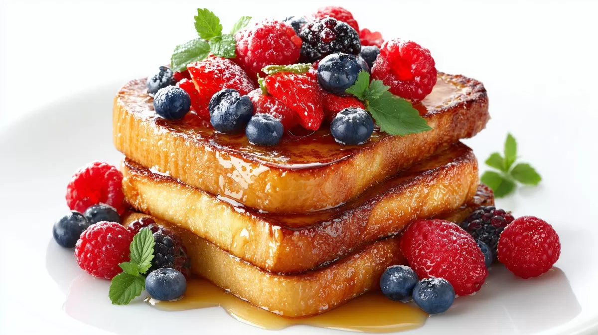 French Toast mit Beeren und Ahornsirup auf Teller