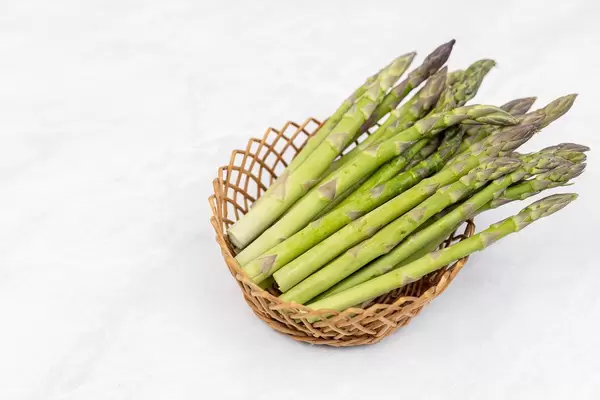 Fresh Asparagus in the basket with copy space