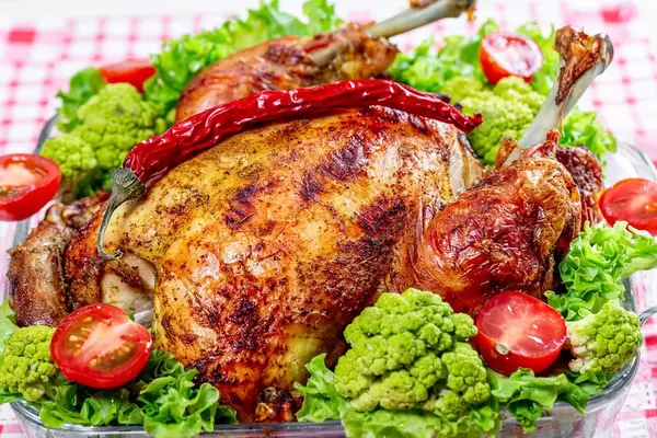 Fresh baked chicken with broccoli, lettuce, tomatoes and chili (Flip 2019)