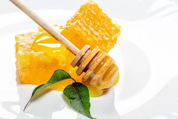 Fresh bee honeycomb and liquid honey