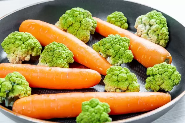 Fresh carrots and broccoli in the pan close-up (Flip 2019)