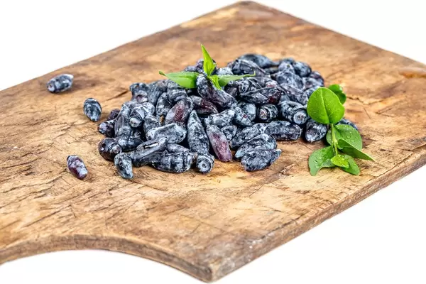 Fresh honeysuckle berries on old kitchen board