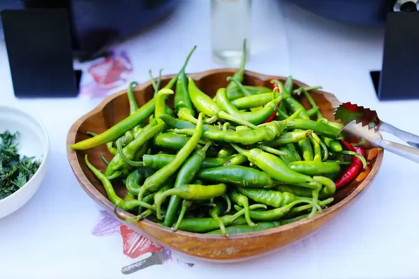Fresh hot chili peppers in a bowl. Korean hot peppers (Flip 2019)