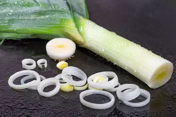 Fresh leeks and pieces on black background (Flip 2019)