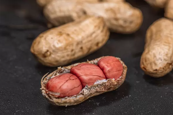Fresh peanuts in shell on black background close up