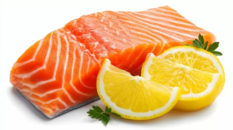 Fresh raw salmon fillet with lemon slices on white background