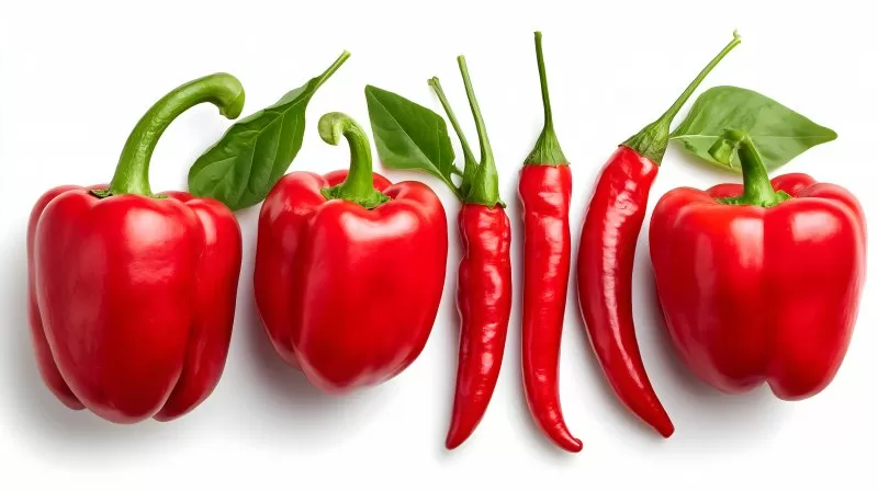 Fresh red bell peppers and hot chili peppers isolated on white background