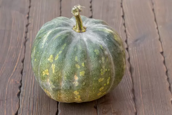 Fresh ripe green pumpkin on wooden background