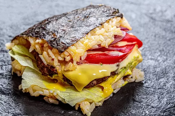 Fresh sushi Burger with vegetables close up