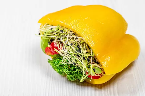 Fresh vegetable sandwich with bell pepper and micro greenery (Flip 2019)