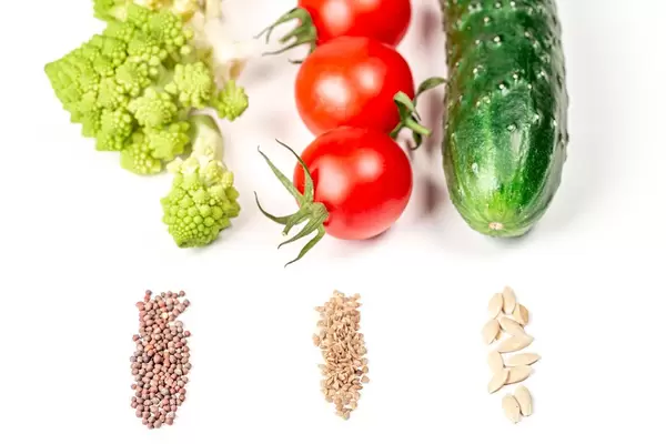 Fresh vegetables and their seeds on a white background (Flip 2020)