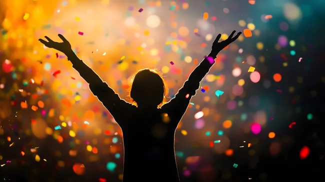 Freudig jubelnde Silhouette vor farbigem Konfetti-Hintergrund
