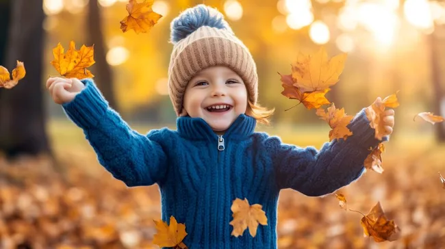 Freudig lächelndes Kind im Herbstlaub