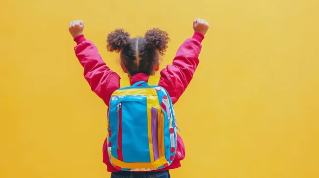 Freudig springendes Kind mit Rucksack vor gelbem Hintergrund