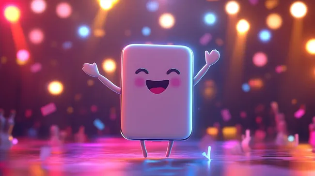 Freudig tanzender Smartphone-Charakter auf Bühne mit bunten Lichtern