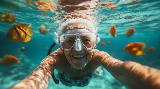 Freudige ältere Taucherin beim Unterwasser-Selfie