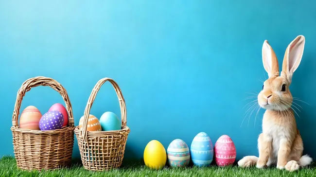 Freudige Ostern mit Hase und bunten Eiern