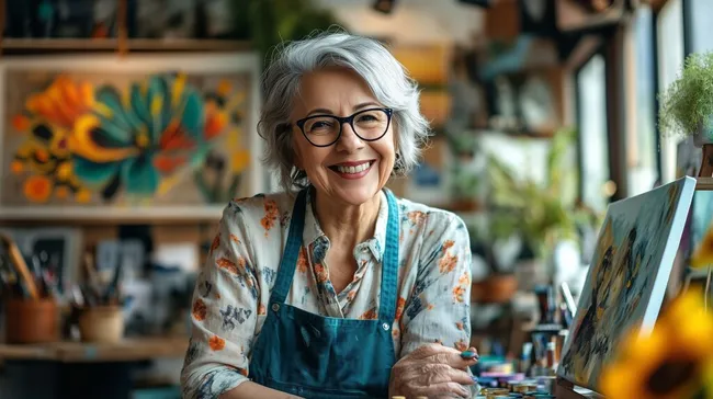 Freudige Seniorin malt bunte Acrylbilder in ihrem Atelier