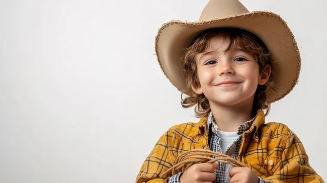 Freudiges Kind im Cowboyoutfit mit Lasso