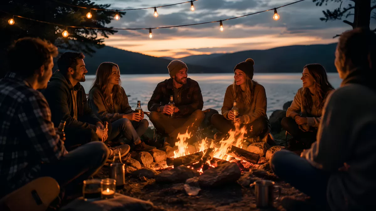 Freunde am Lagerfeuer am See bei Sonnenuntergang