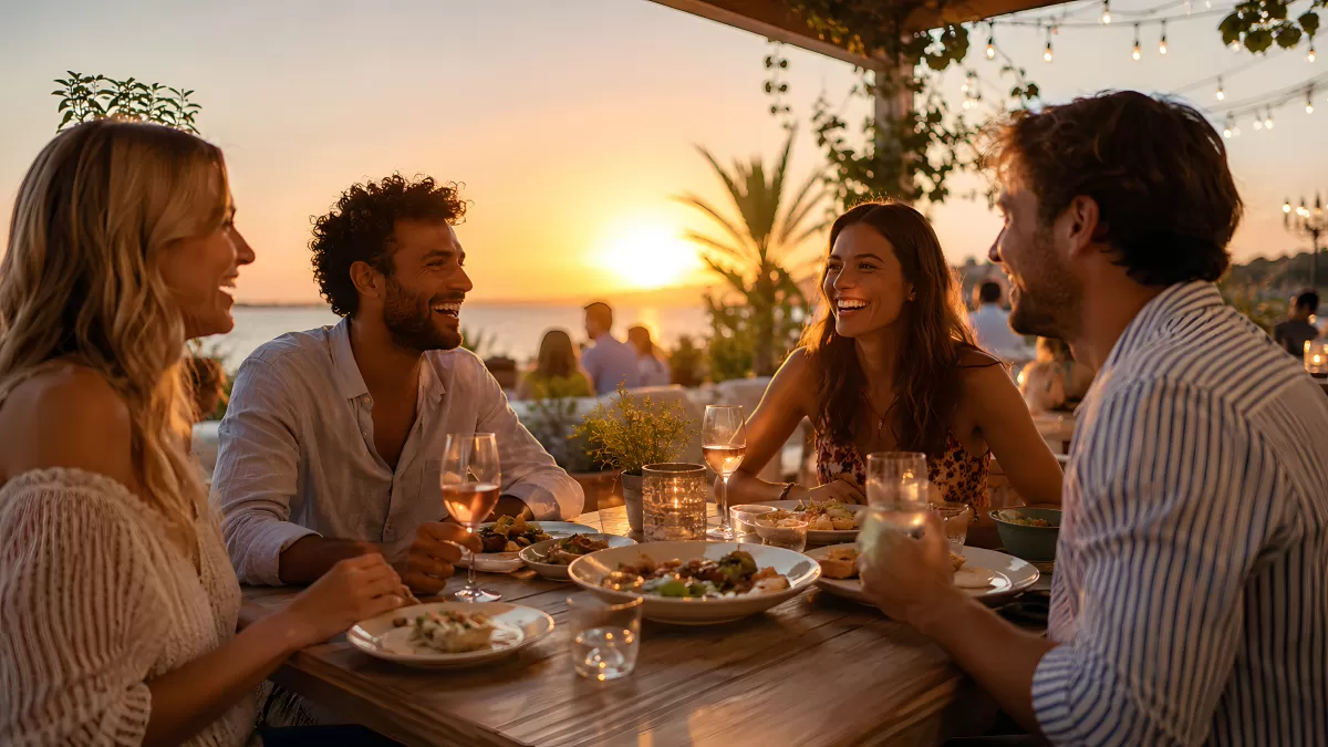 Freunde beim Abendessen im Freien bei Sonnenuntergang